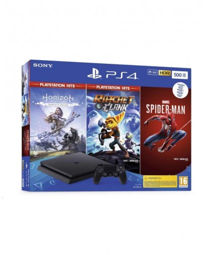 PlayStation 4 Slim 500GB + Horizon + Spiderman + Ratchet & Clank (PS4)