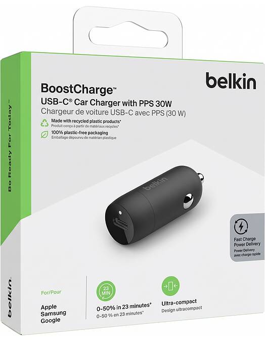 Belkin BoostCharge avtopolnilec z enim USB-C vhodom 30W črne barve
