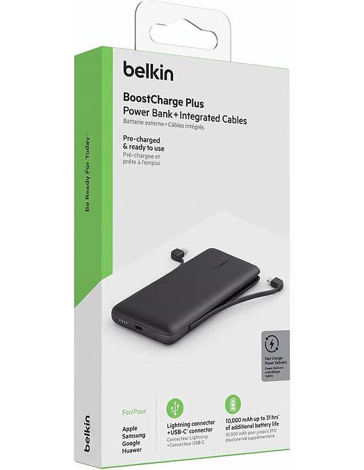 Belkin BoostCharge Plus prenosna baterija 10000mAh z vgrajenima kabloma USB-C in Lightning črne barve