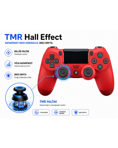 Obnovljen PS4 DualShock 4 brezžični kontroler s TMR palčkami rdeče barve + 2 leti garancije