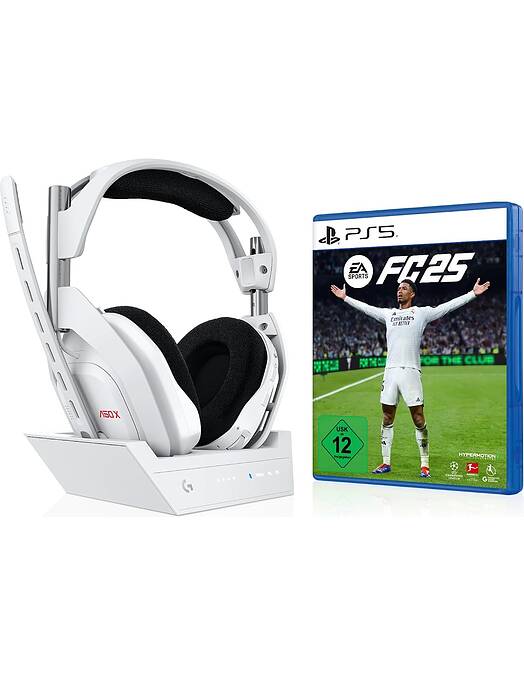 Logitech G Astro A50 X Lightspeed brezžične igralne slušalke z bazno postajo bele barve z igro EA Sports FC 25 za PS5