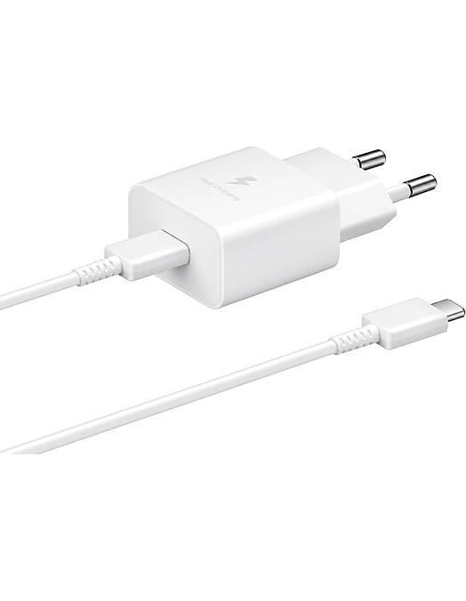 Samsung stenski polnilec z enim USB-C vhodom 15W in priloženim USB-C v USB-C kablom bele barve EP-T1510XWE