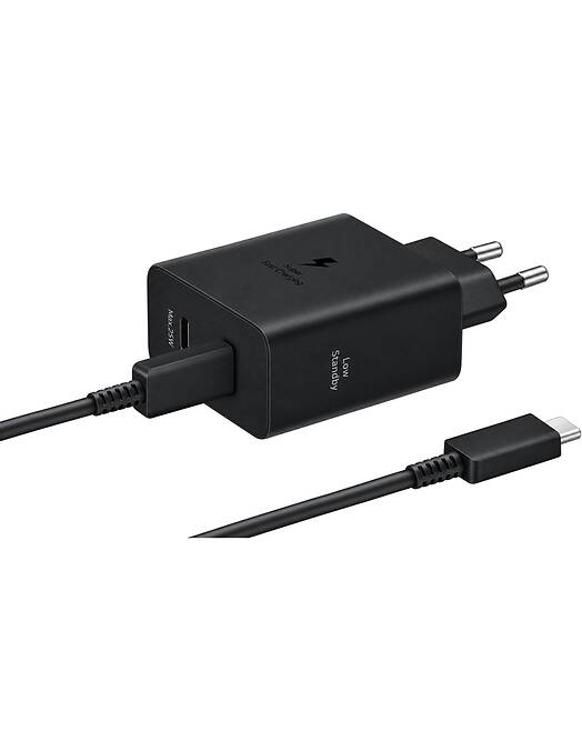 Samsung stenski polnilec z 2 USB-C vhodoma 50W in priloženim USB-C v USB-C kablom črne barve dolžine 1.8m EP-T5020XBE