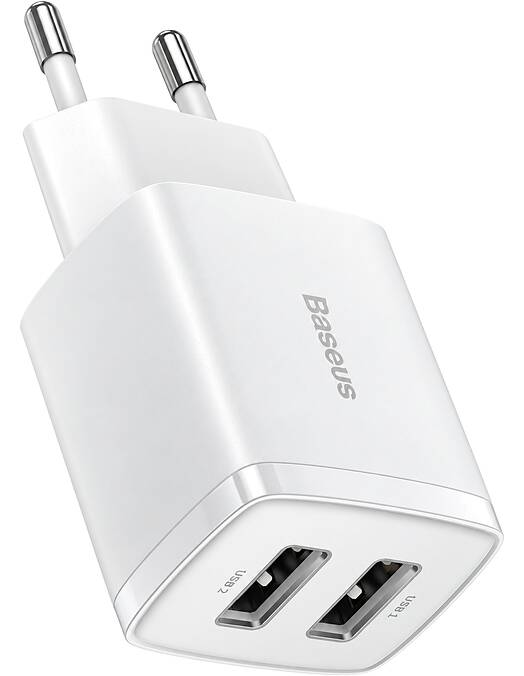 Baseus Compact stenski polnilec z 2 USB-A vhodoma 10.5W bele barve CCXJ010202