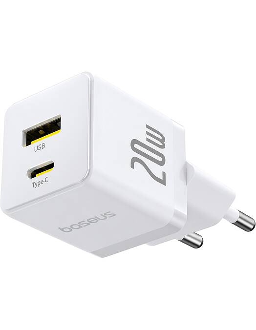 Baseus Palm stenski polnilec z USB-A in USB-C vhodoma 20W bele barve
