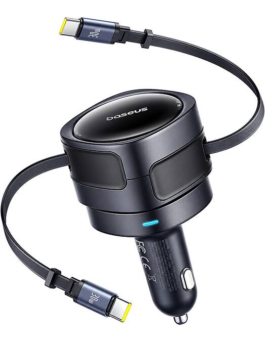 Baseus Enjoyment Max avtopolnilec z 2 vgrajenima USB-C kabloma 60W črne barve