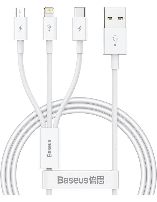 Baseus Superior Series USB-A polnilni kabel 3v1 z USB-C, Micro USB in Lightning priključkom 3.5A bele barve dolžine 1m