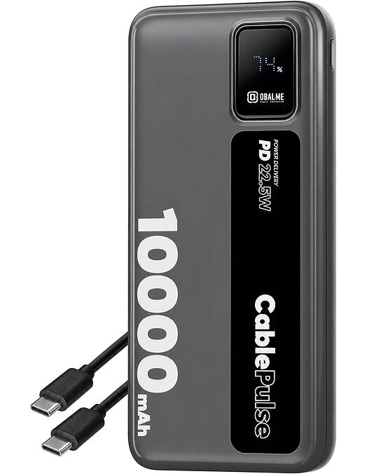 Obal Me CablePulse prenosna baterija 10000mAh 22W z vgrajenima kabloma USB-C in Lightning črne barve