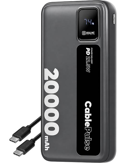 Obal Me CablePulse prenosna baterija 20000mAh 22W z vgrajenima kabloma USB-C in Lightning črne barve