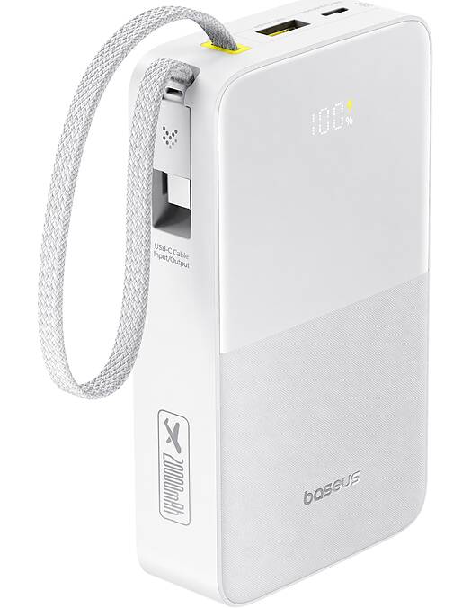 Baseus EnerFill FC51 Bipow 2 Pro prenosna baterija 20000mAh 22W z vgrajenim USB-C kablom bele barve