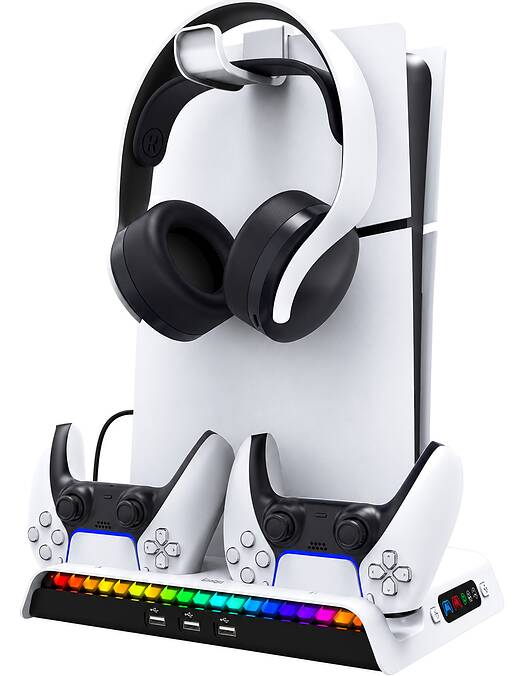 PlayStation 5 Slim večnamensko polnilno stojalo s hlajenjem in RGB osvetlitvijo bele barve iPega