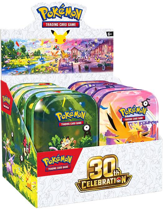 Pokemon TCG 30th Celebration Mini Tin Display komplet pločevink z igralnimi kartami