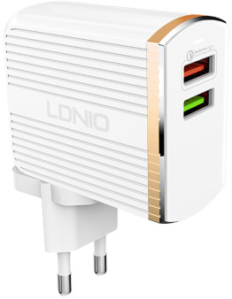 LDNIO A2502Q stenski polnilec z 2 USB vhodoma in priloženim Lightning kablom