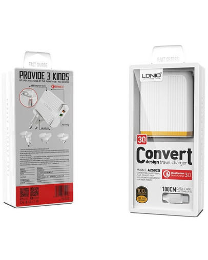 LDNIO A2502Q stenski polnilec z 2 USB vhodoma in priloženim USB-C kablom