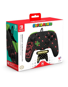 PDP žični kontroler Rematch Glow Bowser svetleč v temi za Nintendo Switch 1 & 2
