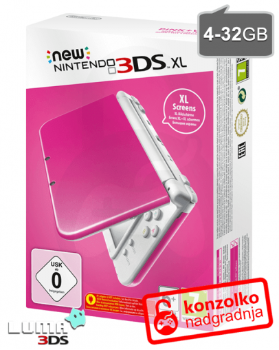 Nintendo NEW 3DS XL roza-bel + MicroSD 4GB + Boot9strap + Luma3DS + Homebrew + napajalnik