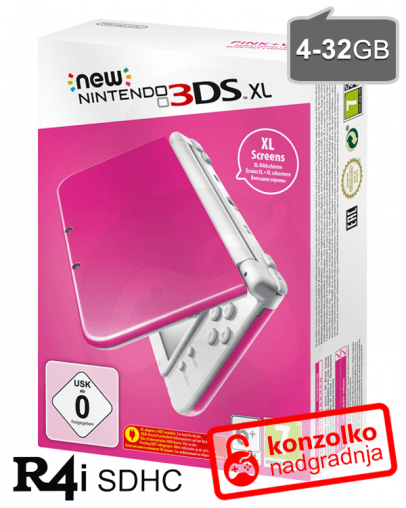 Nintendo NEW 3DS XL roza-bel + R4i SDHC 2018 PRO v4 + MicroSD 4GB + napajalnik