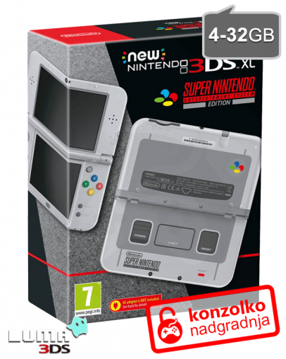 Nintendo NEW 3DS XL SNES Edition + 4GB + Boot9strap + Luma3DS + Homebrew + napajalnik