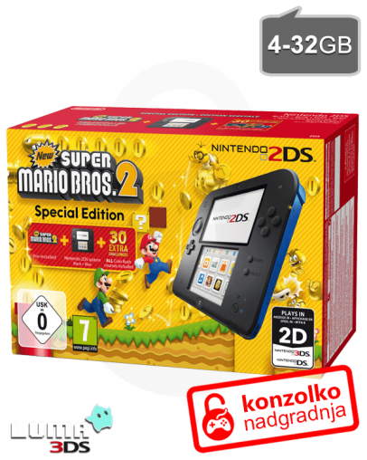 Nintendo 2DS modro-črn SD 4GB + Super Mario 2 + Boot9strap + Luma3DS + Homebrew