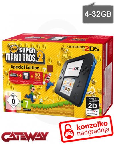 Nintendo 2DS modro-črn + Super Mario Bros 2 + Gateway ULTRA (3DS igre) + SD 4GB + napajalnik