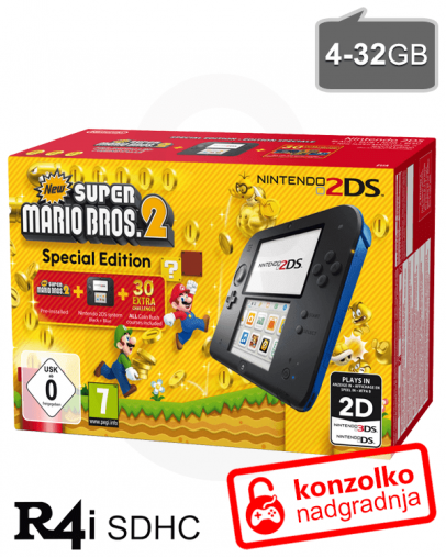 Nintendo 2DS modro-črn + Super Mario Bros 2 + R4i SDHC 2019 PRO v4 + SD 4GB + napajalnik