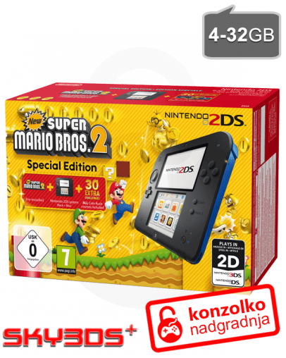Nintendo 2DS modro-črn + Super Mario Bros 2 + SKY3DS+ (3DS igre) + SD 4GB + napajalnik