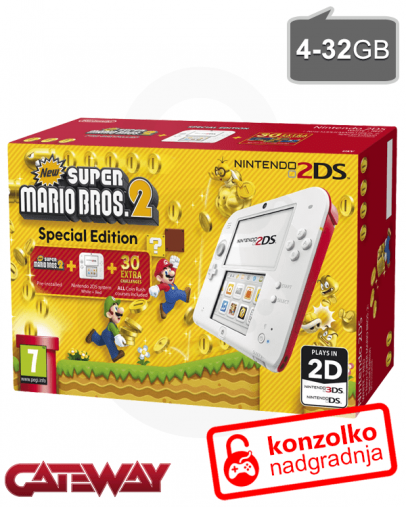 Nintendo 2DS rdečo-bel + Super Mario Bros 2 + Gateway ULTRA (3DS igre) + SD 4GB + napajalnik