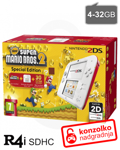 Nintendo 2DS rdečo-bel + Super Mario Bros 2 + R4i SDHC 2019 PRO v4 + SD 4GB + napajalnik