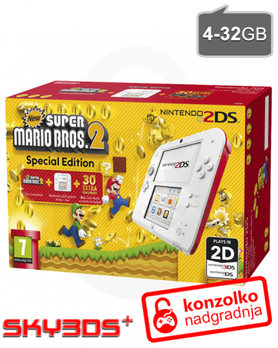 Nintendo 2DS rdečo-bel + Super Mario Bros 2 + SKY3DS+ (3DS igre) + SD 4GB + napajalnik