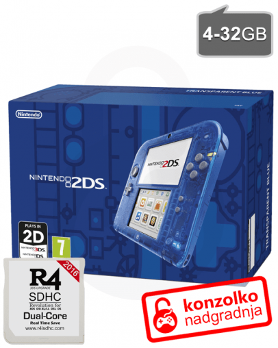 Nintendo 2DS modro-prosojen + R4i SDHC 2017 PRO v4 + SD 4GB + napajalnik
