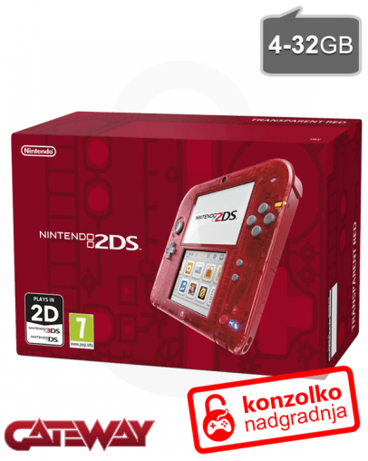 Nintendo 2DS rdečo-prosojen + Gateway ULTRA (3DS igre) + SD 4GB + napajalnik