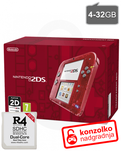 Nintendo 2DS rdečo-prosojen + R4i SDHC 2017 PRO v4 + SD 4GB + napajalnik