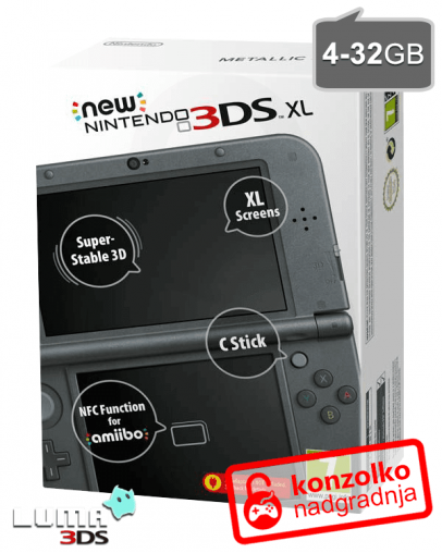 Nintendo NEW 3DS XL metalic-črn + MicroSD 4GB + Boot9strap + Luma3DS + Homebrew + napajalnik