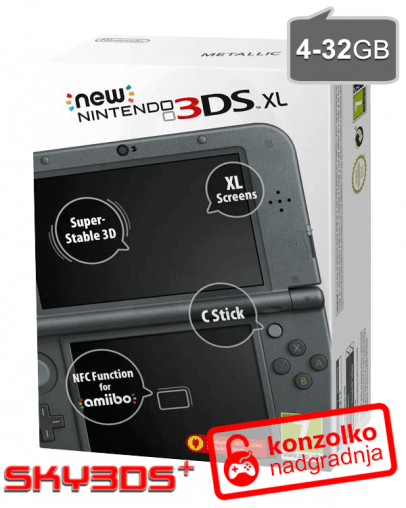 Nintendo NEW 3DS XL metalic-črn + SKY3DS+ (3DS igre) + MicroSD 4GB + napajalnik