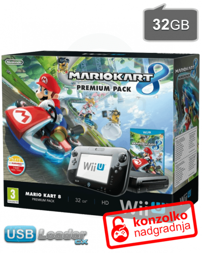 Nintendo Wii U Premium 32GB črn + Mario Kart 8 + softmod PRO v5 + USB Loader GX