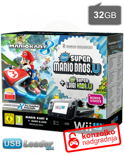 Nintendo Wii U Premium 32GB črn + Mario Kart 8 + New Super Mario + Bonus + softmod PRO v5