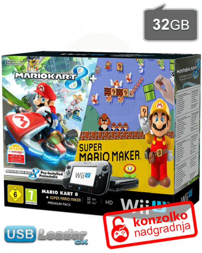 Nintendo Wii U Premium 32GB črn + Mario Kart 8 + Super Mario Maker + softmod PRO v5