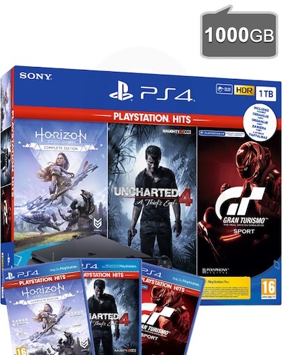 PlayStation 4 (PS4) Slim 1000GB + PlayStation Hits (GT Sport-HZD CE-UC4)