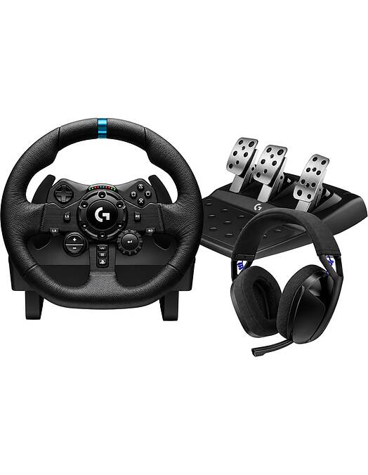 Logitech G923 dirkalni volan s pedali in brezžične igralne slušalke G321 Lightspeed črne barve za PS5 & PS4 & PC