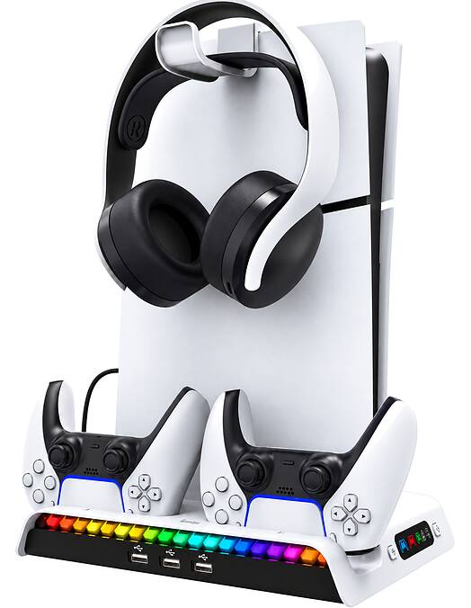 PlayStation 5 Slim večnamensko polnilno stojalo s hlajenjem in RGB osvetlitvijo bele barve iPega